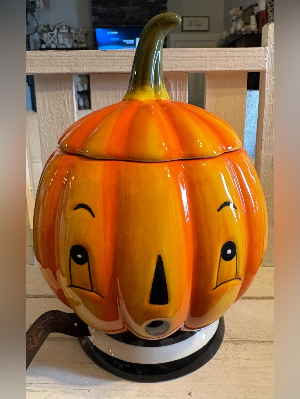 Glossy Ceramic Pumpkin Treat Jar - Orange-Yellow Jack-O'-Lantern